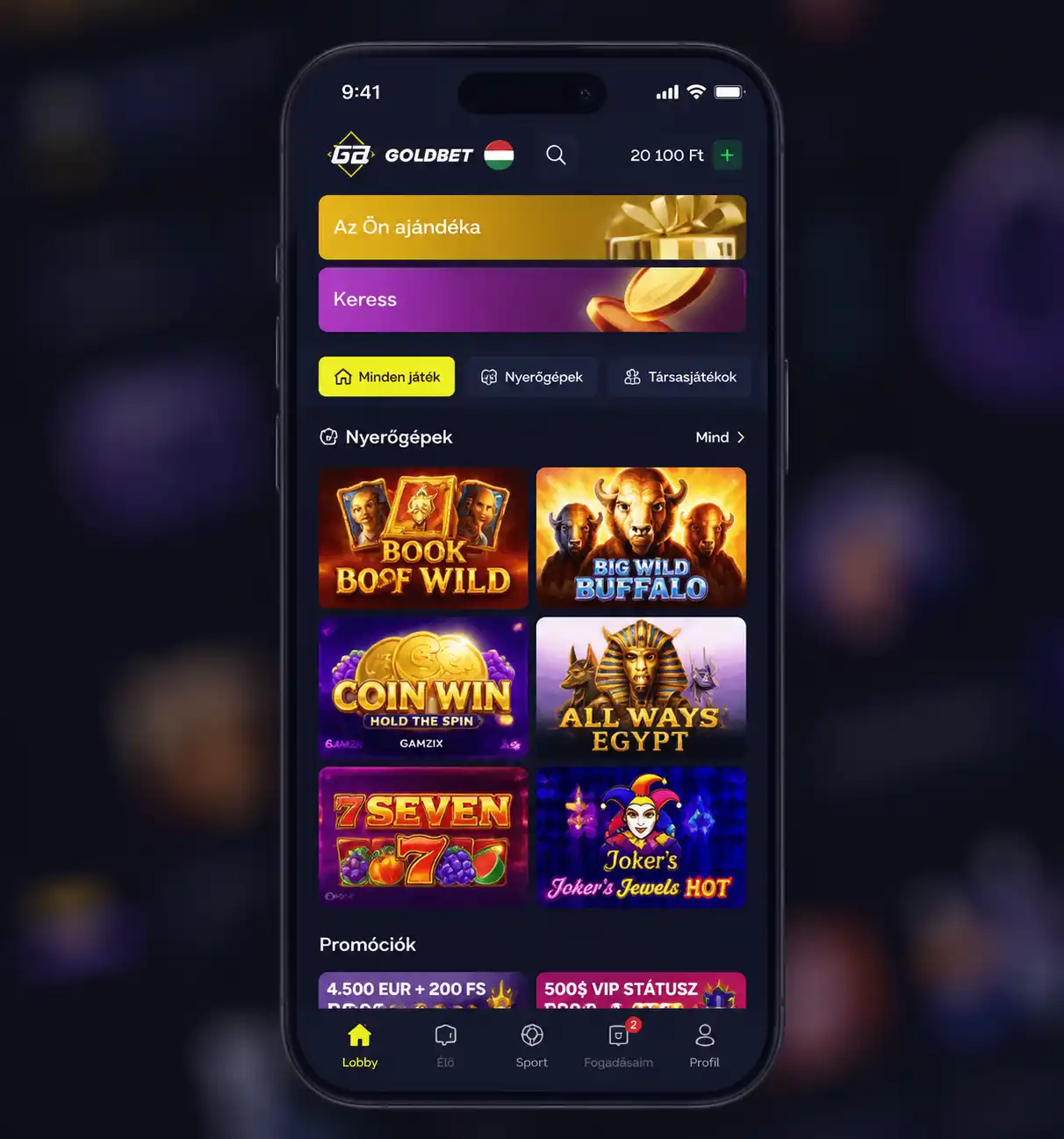 A Goldbet mobilalkalmazás főképernyője Android eszközön