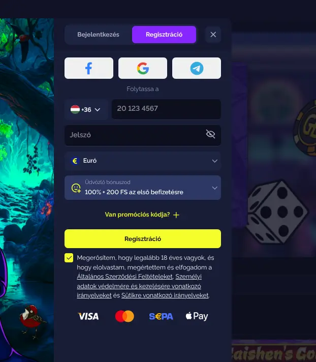 A Goldbet regisztrációs űrlapjának képernyőképe magyar nyelvű felülettel